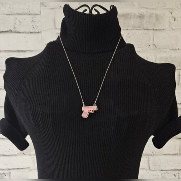 Pink Pistol with Rhinestones Pendant on a Silver Tone Necklace - Picture 2 of 5